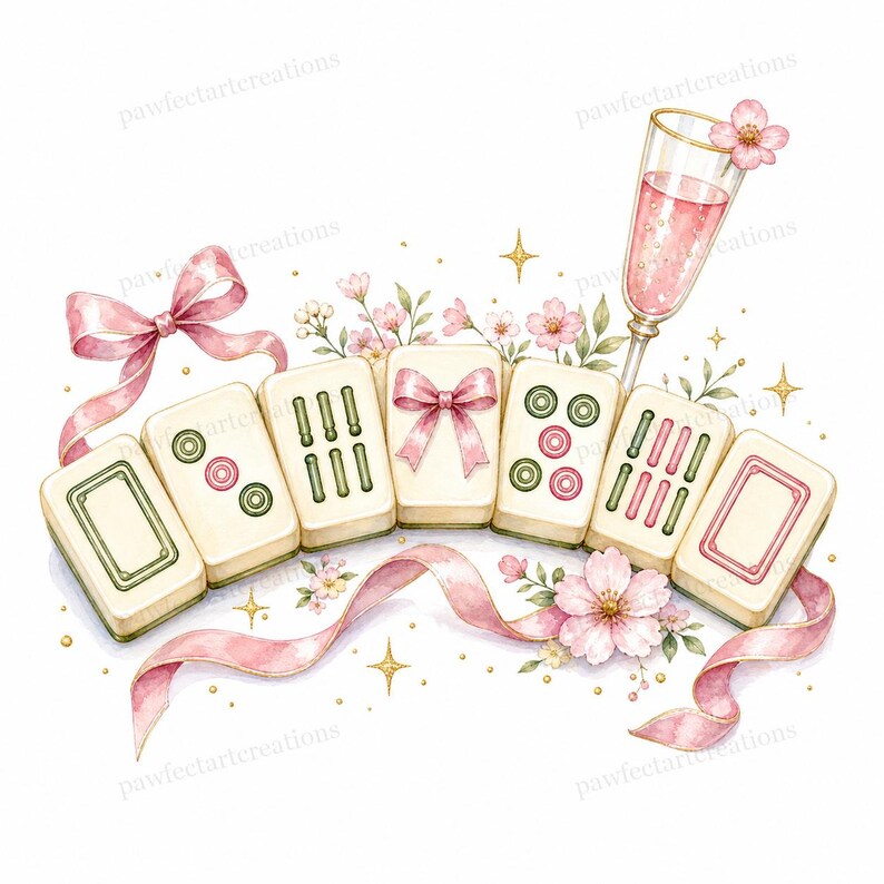 May include: Watercolor illustration of mahjong tiles, a champagne glass, pink flowers, and ribbons. The tiles are cream-colored with green and red markings. A pink ribbon and bow adorn the scene, with gold star accents.