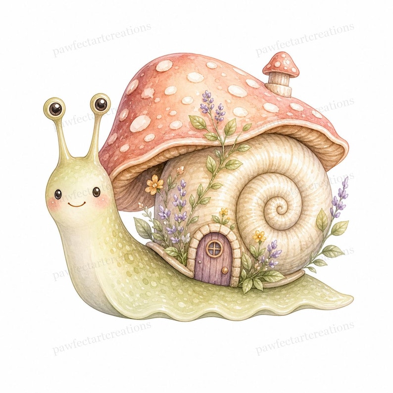 20 Cottage Mushroom Snail Clipart, Watercolor JPG Clipart Bundle, Digital Download, Commercial Use, Printable Art