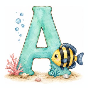 26 Ocean Baby Animal Alphabet Clipart, Watercolor Letters JPG, Digital Download, Commercial Use