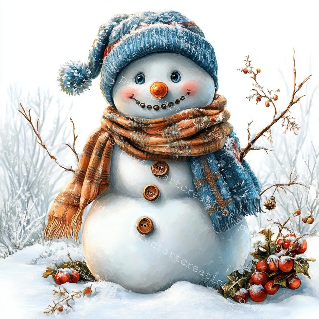 クリスマス雪だるまクリップアート：ジャンクジャーナル用の水彩画 JPG