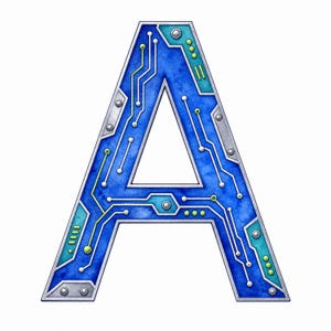 May include: A capital letter A featuring a blue and teal watercolor texture with a metallic silver border. The surface is decorated with a digital circuit board pattern consisting of thin white lines, small circular nodes, and silver rivets.
