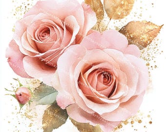 16 Pink Golden Roses Watercolor Clipart: Floral Bouquet (Digital Download)