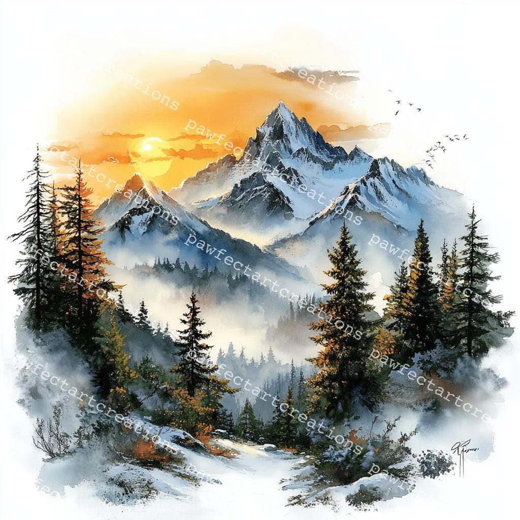 冬の山の水彩画クリップアート：雪に覆われた森のJPG（デジタル