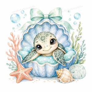May include: Watercolor illustration of a baby sea turtle in a blue seashell with a light blue bow. The image includes coral, starfish, bubbles, and other seashells. The turtle has big, dark eyes and a friendly expression.