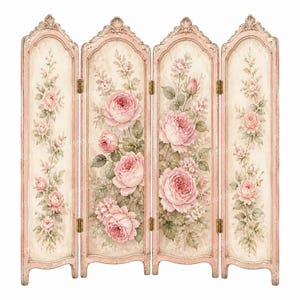May include: A four-panel folding room divider featuring a cream-colored background with painted pink rose floral arrangements. Each panel has a distressed pink wooden frame with an arched top, decorative molding, and gold-toned metal hinges.