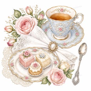 Puede incluir: Un delicado servicio de té con una taza y platillo azul claro adornados con motivos florales. Una servilleta blanca con un broche de perlas se encuentra junto a un plato con pasteles en miniatura. Rosas rosas y una cuchara de plata completan la escena.