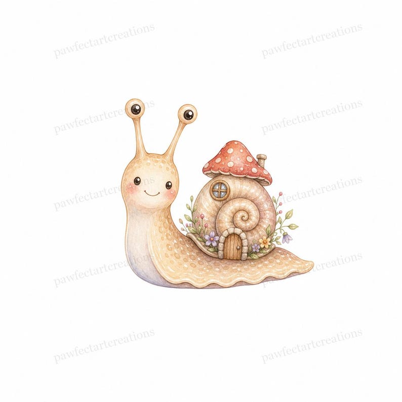 20 Cottage Mushroom Snail Clipart, Watercolor JPG Clipart Bundle, Digital Download, Commercial Use, Printable Art