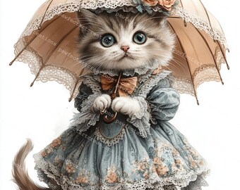 15 ビクトリア朝の猫のクリップアート、かわいい猫のドレス