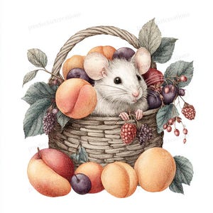 Fruit Tree Mouse 26 Mouse With Fruits Clipart, Whimsical Fruit Mouse, Cute Mouse and ...