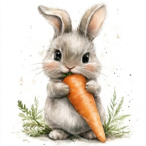 May include: A cute gray bunny rabbit with big eyes holds a bright orange carrot in its paws. The bunny is standing on a white background with green foliage.