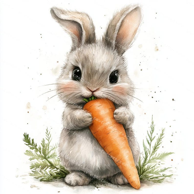 May include: A cute gray bunny rabbit with big eyes holds a bright orange carrot in its paws. The bunny is standing on a white background with green foliage.