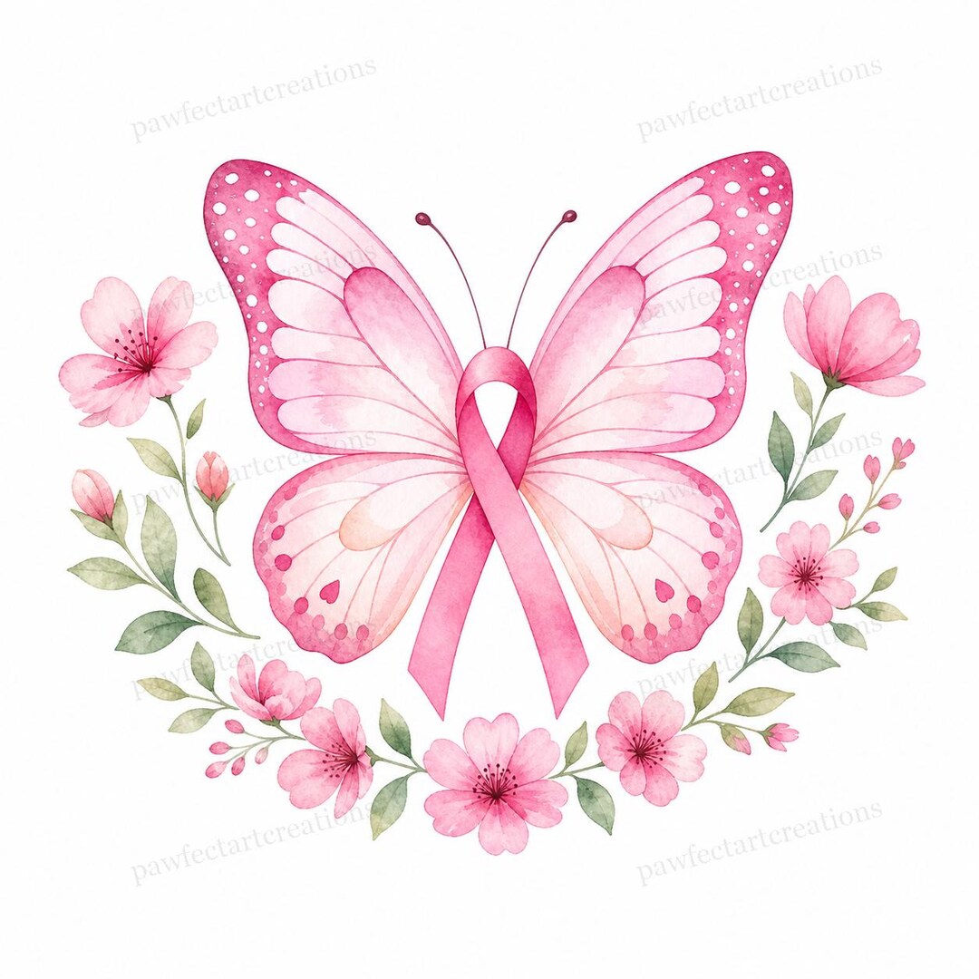 20 Pink Ribbon Butterfly Clipart, Watercolor JPG Clipart Bundle ...
