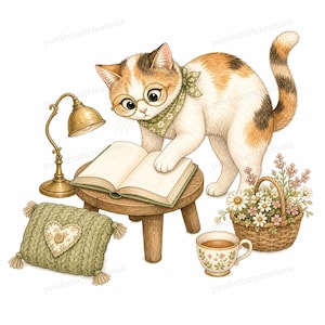 20 Cottagecore Reading Cats Clipart