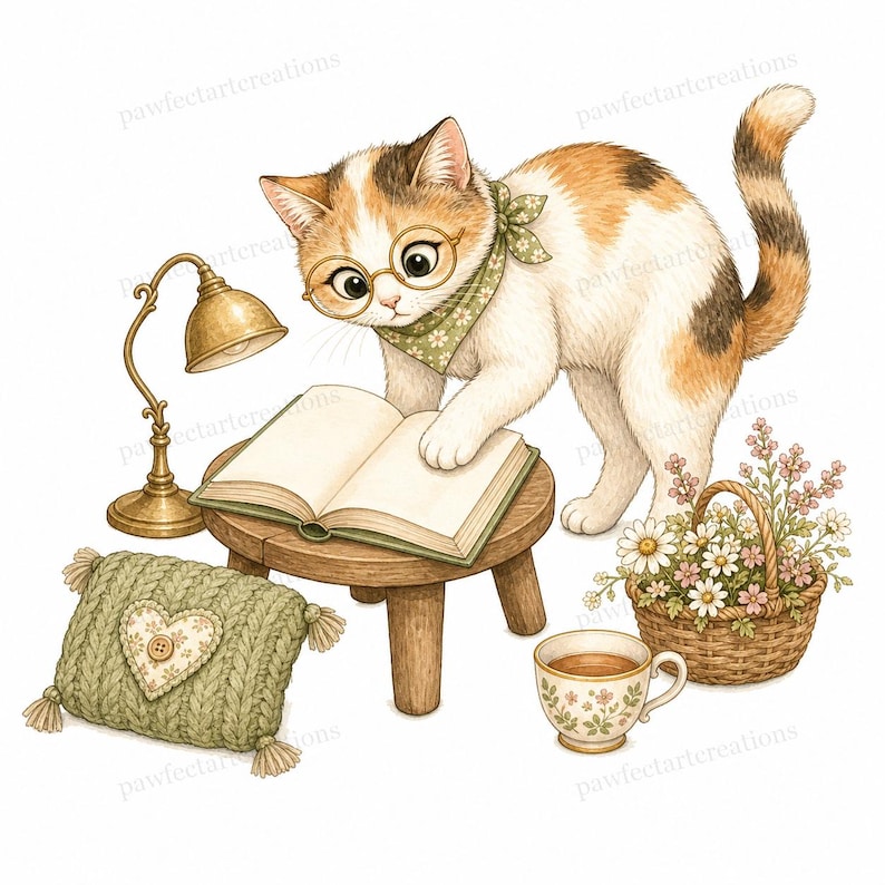 20 Cottagecore Reading Cats Clipart