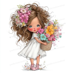 May include: A digital illustration of a young girl with long brown hair adorned with flowers. She wears a white dress and pink boots, holding a woven basket overflowing with colorful flowers. The image has a whimsical, fairytale aesthetic.