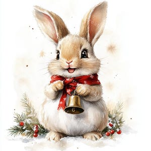 10 flauschige Weihnachtshäschen mit Glocke Clipart, Weihnachtshase, Hasenkinderzimmer, Druckbares Aquarell, hochwertige JPGs, Papiermodell, Junk Journal