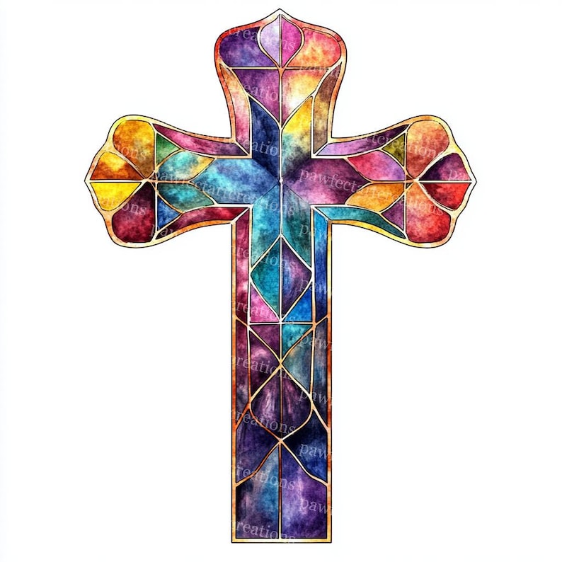 May include: A colorful stained-glass cross with a gold outline. The cross features a variety of colors, including blue, purple, yellow, and orange. The design is intricate and detailed, with geometric shapes and patterns.