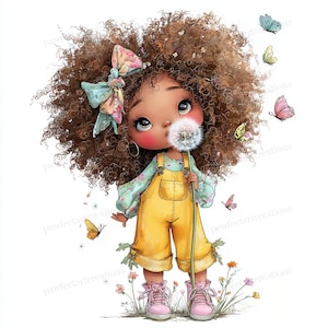 May include: A digital illustration of a young girl with brown curly hair, wearing yellow overalls and pink sneakers, holding a dandelion. Butterflies and flowers surround her, with a floral bow in her hair.