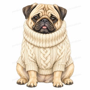 May include: A fawn-coloured pug dog with a black muzzle and dark eyes, wearing a cream-coloured cable knit jumper with a high turtleneck collar. The dog is sitting in a forward-facing position against a plain white background.