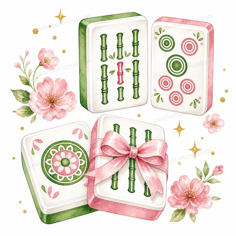 May include: Watercolor illustration of Mahjong tiles in shades of white, green, and pink. The tiles feature bamboo, circles, and floral designs. One set is tied with a pink ribbon. Pink flowers and gold stars accent the image.