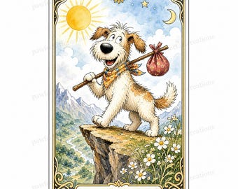 May include: A tarot card illustration featuring a smiling dog with a walking stick and a satchel, standing on a cliff. The card is framed with a decorative border and the text "The Fool" at the bottom. The background includes a sun, moon, and mountains.
