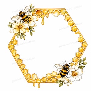 May include: A hexagonal frame composed of golden honeycomb cells with dripping honey. Two honeybees with black and yellow striped bodies and translucent wings are positioned at the top left and bottom right, surrounded by white flowers and green leaves.
