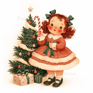 10 Retro Mädchen Weihnachtsbaum Clipart, druckbares Aquarell, hochwertige JPGs, süsses kleines Mädchen, viktorianisches Mädchen, Papercraft, Junk Journal