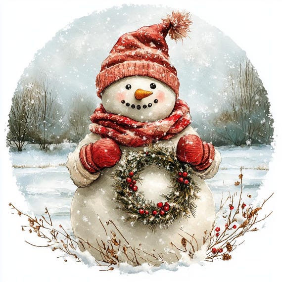 ヴィンテージクリスマス雪だるまクリップアート：レトロな水彩画 JPG