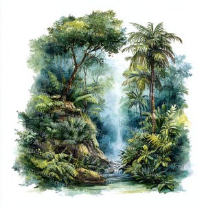 May include: A watercolour painting depicting a vibrant rainforest scene. The image shows a waterfall flowing into a stream, framed by dense green vegetation, palm trees, and diverse plant life. The colour scheme includes greens, blues, and browns.