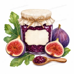 Può includere: Un barattolo di vetro riempito con marmellata di fichi viola scuro, sormontato da una copertura in tessuto beige legata con spago e un'etichetta color crema vuota. Il barattolo è circondato da foglie di fico verdi, due fichi tagliati e un fico intero.