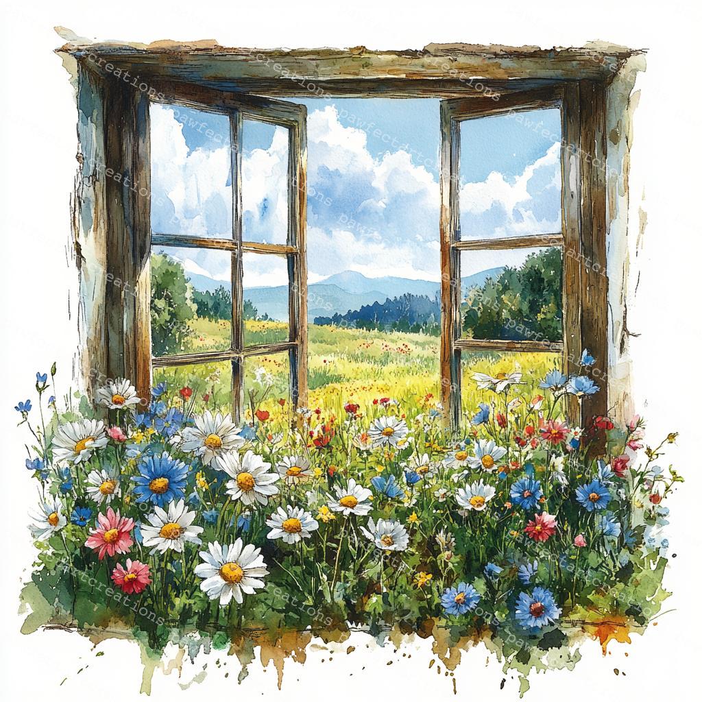 窓から見える花畑の風景：水彩画アートプリント（デジタルダウンロード