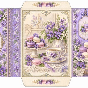 May include: A flat, unfolded paper envelope template featuring a decorative purple and cream floral pattern. The design includes illustrations of violet flowers, stacks of pastel-colored macarons on pedestals, and a teacup set on a lace tablecloth.