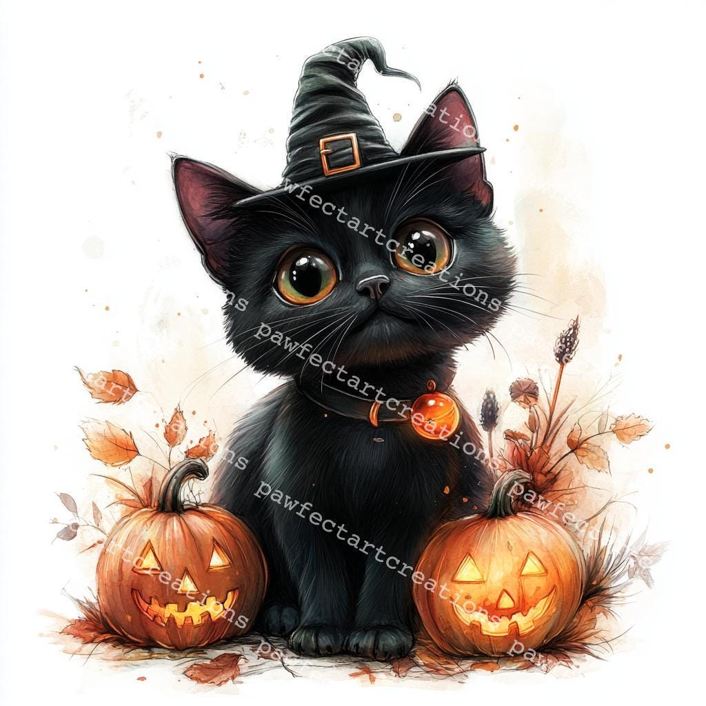 ハロウィーンの黒猫のクリップアート 10 点、かわいい猫、ハロウィーン