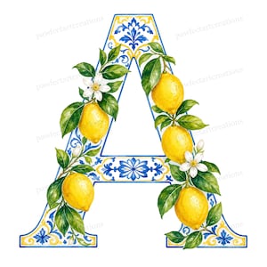 26 imágenes prediseñadas del alfabeto de limones mediterráneos, letras de cocina de verano, JPG en acuarela, descarga digital, uso comercial.