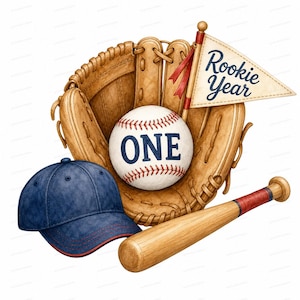Peut inclure: Un gant de baseball en cuir beige tenant une balle de baseball blanche avec des coutures rouges et le mot ONE imprimé en bleu. Une casquette bleu marine, une batte en bois et un fanion blanc avec le texte Rookie Year sont disposés ensemble.
