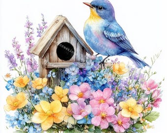 鳥小屋のクリップアートバンドル、水彩画の鳥小屋と花15点、花の昇華