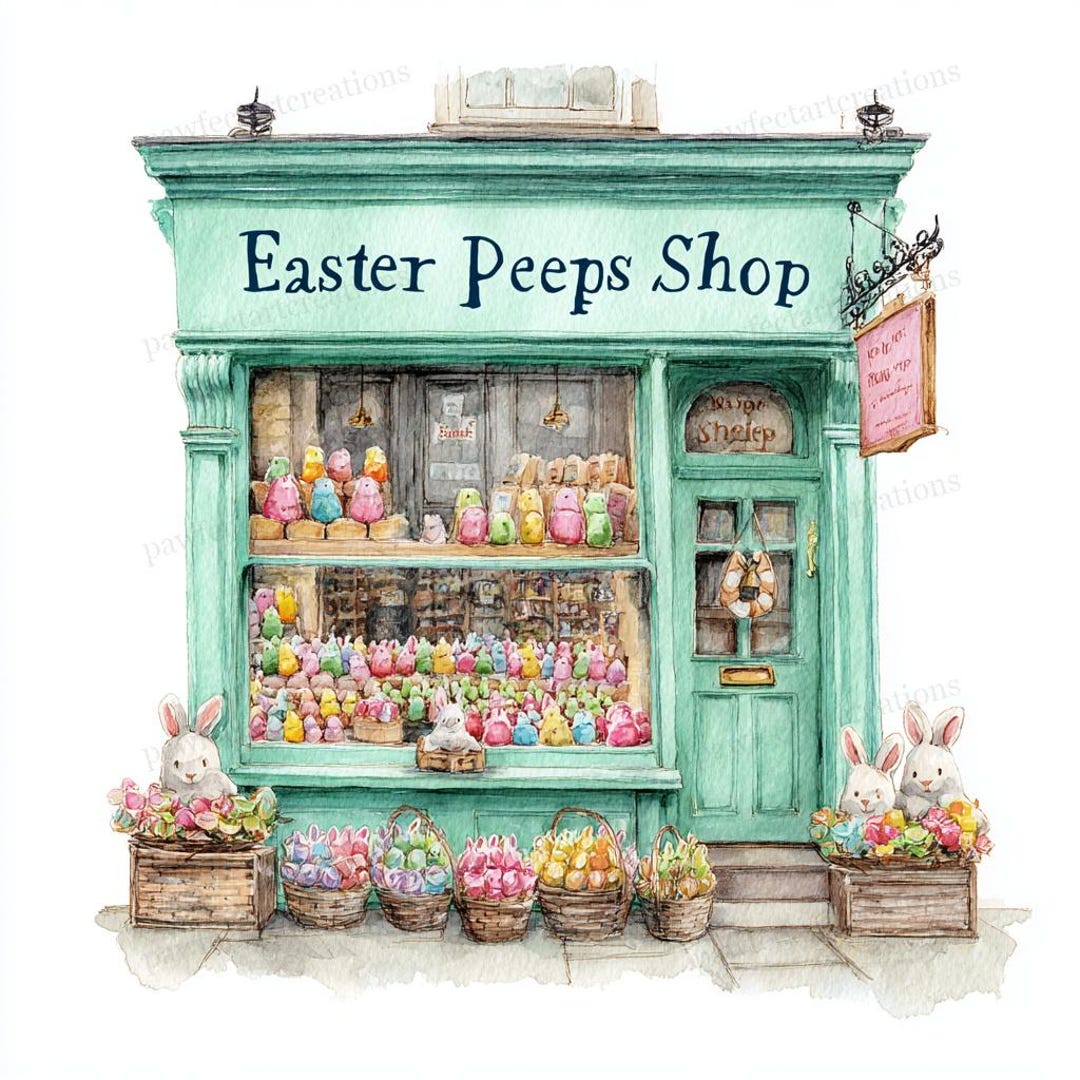 25 Easter Peeps Shop Clipart, Watercolor Candy Shop Storefront Art ...