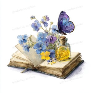May include: Watercolor illustration of an open book with blue and yellow flowers, a small glass bottle with a cork stopper, and a purple butterfly. The book's pages are aged, and the butterfly rests on the bottle.