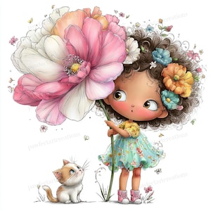 May include: A digital illustration of a young girl holding a large pink and white flower. She wears a floral dress and has flowers in her hair. A small kitten looks up at her. The artwork has a whimsical, fairytale theme.