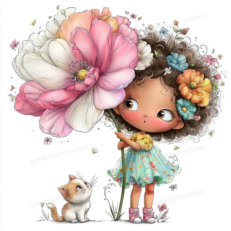 May include: A digital illustration of a young girl holding a large pink and white flower. She wears a floral dress and has flowers in her hair. A small kitten looks up at her. The artwork has a whimsical, fairytale theme.