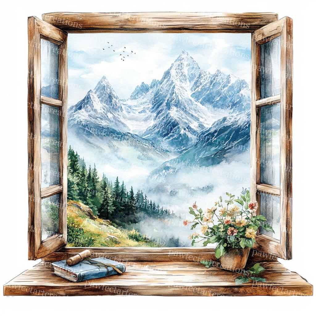 山の景色の水彩画クリップアート：窓辺の風景アート（デジタル