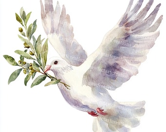 20 Watercolor Dove Clipart: Peace Dove with Olive Branch (Digital Download)