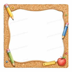 May include: A square cork board frame with wavy inner edges, decorated with a yellow pencil, a blue pencil, a green pencil, a yellow ruler, a red apple, and small colourful star shapes. The centre is a blank white space for text or images.