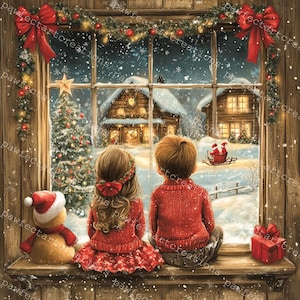 15 imágenes prediseñadas de la ventana de Navidad para niños, acuarela acogedora para Navidad, acuarela imprimible, archivos JPG de alta calidad, manualidades de papel, diario basura