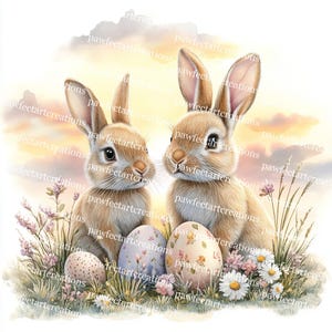 12 cliparts lapin de Pâques dans un pré, clipart Pâques, clipart déco Pâques, aquarelle imprimable, fichiers JPG de haute qualité, papercraft, journal indésirable