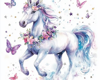 May include: A white unicorn with a purple and pink mane and tail, wearing a flower crown, runs through a field of stars and butterflies.