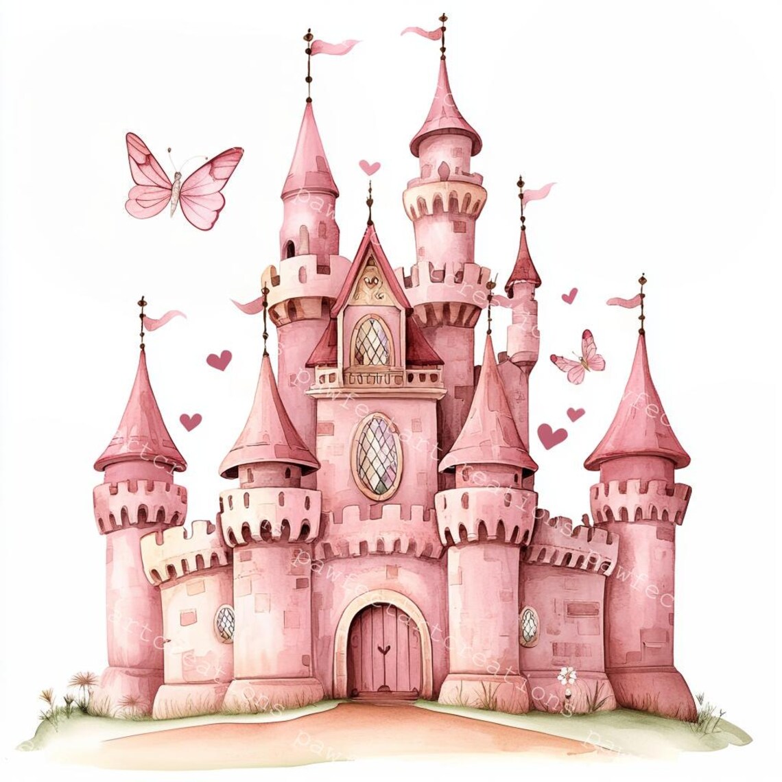 Pink Fairy Tale Castle Clipart: Watercolor Style (JPG & PNG Digital ...