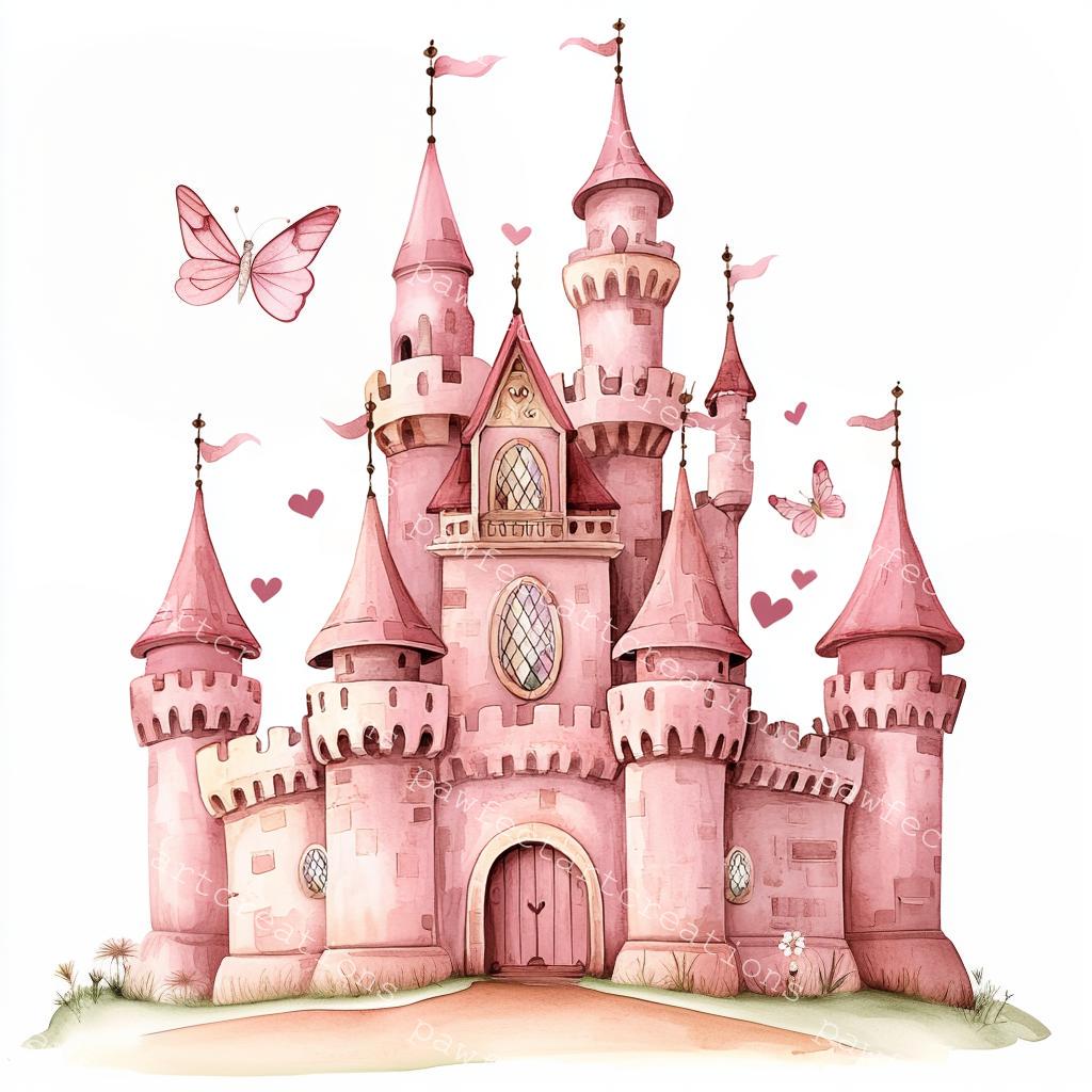 Pink Fairy Tale Castle Clipart: Watercolor Style (JPG & PNG Digital ...
