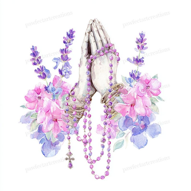 26 Praying Hands Floral Clipart, Religious Flower Art, Faith Watercolor ...