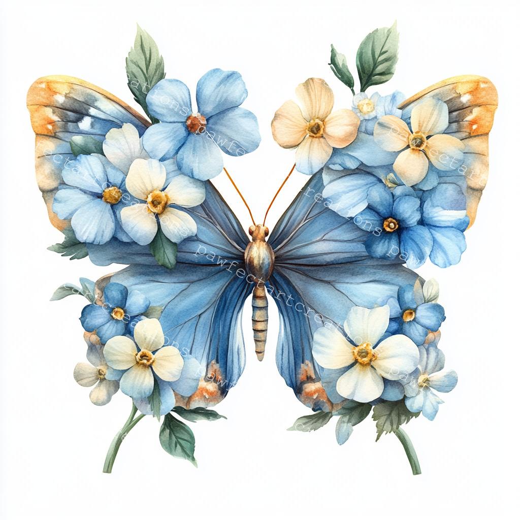 忘れな草の蝶の水彩画クリップアート：花のJPG（デジタルダウンロード